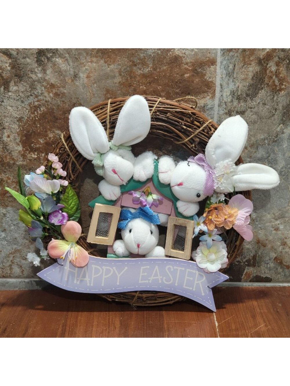 Handmade Easter Bunny Grapevine Wreath Spring Front Door Decor Plush Rabbits 12"